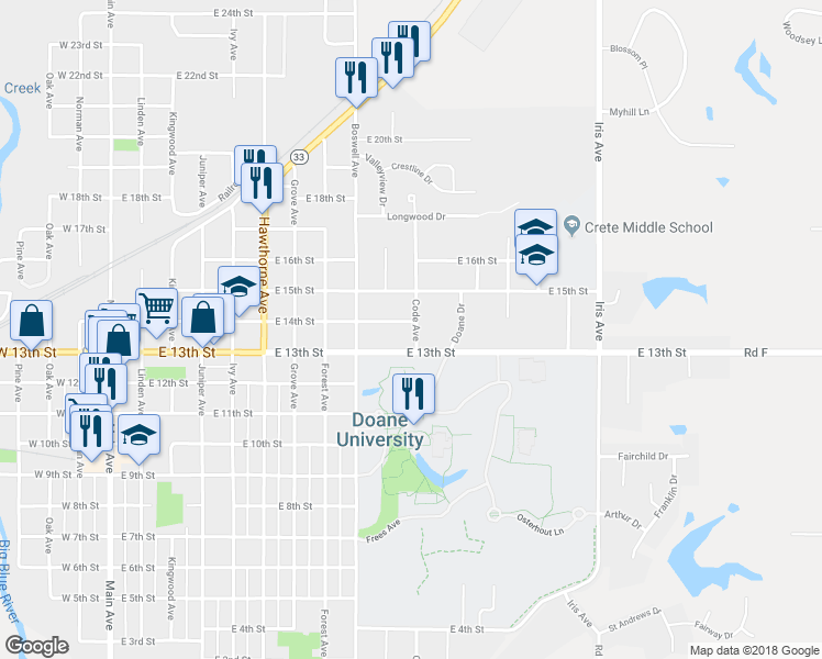 map of restaurants, bars, coffee shops, grocery stores, and more near 1315 Code Avenue in Crete