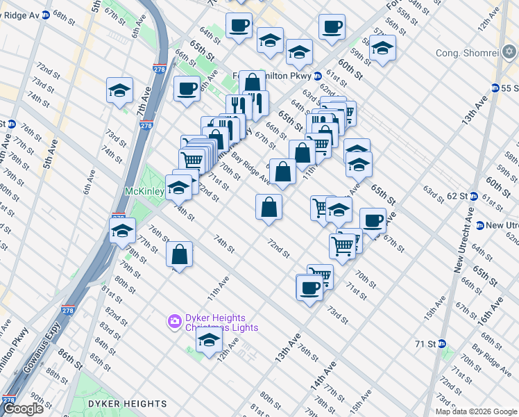 map of restaurants, bars, coffee shops, grocery stores, and more near 1053 71st Street in Brooklyn