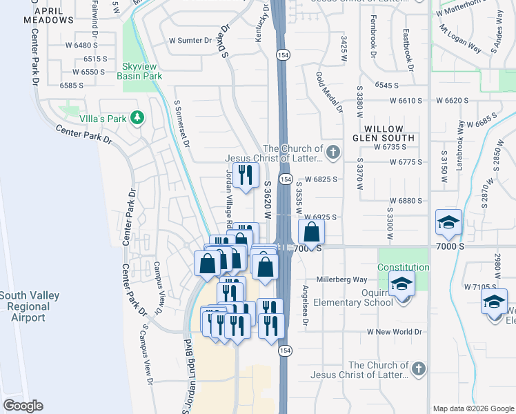 map of restaurants, bars, coffee shops, grocery stores, and more near 6907 South Georgia Drive in West Jordan