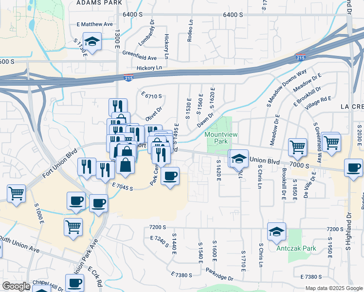 map of restaurants, bars, coffee shops, grocery stores, and more near 1505 Fort Union Boulevard in Cottonwood Heights