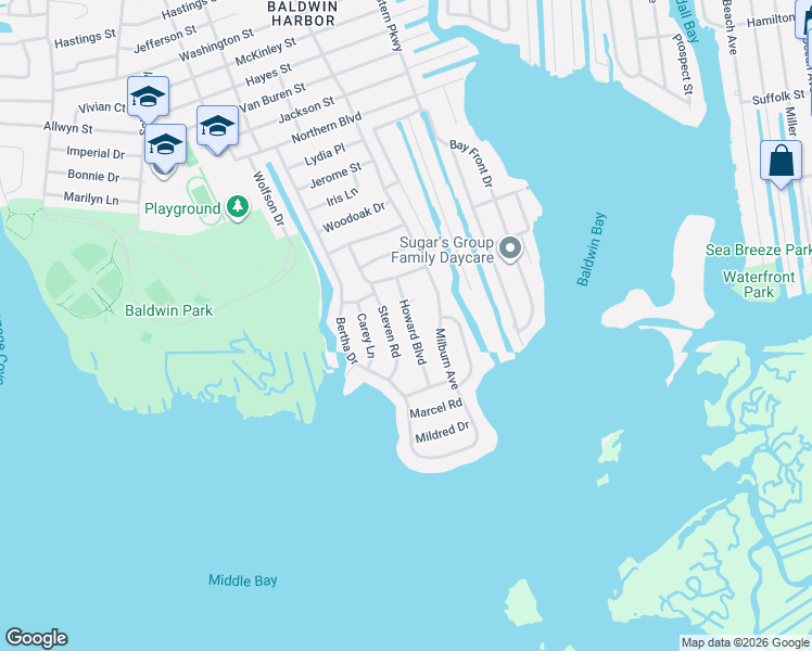 map of restaurants, bars, coffee shops, grocery stores, and more near 3450 Howard Boulevard in Baldwin