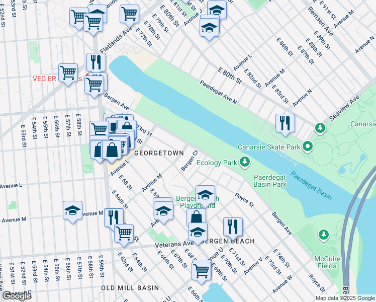 map of restaurants, bars, coffee shops, grocery stores, and more near 7314 Avenue M in Brooklyn