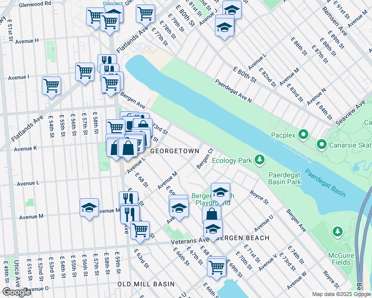 map of restaurants, bars, coffee shops, grocery stores, and more near 1258 East 73rd Street in Brooklyn