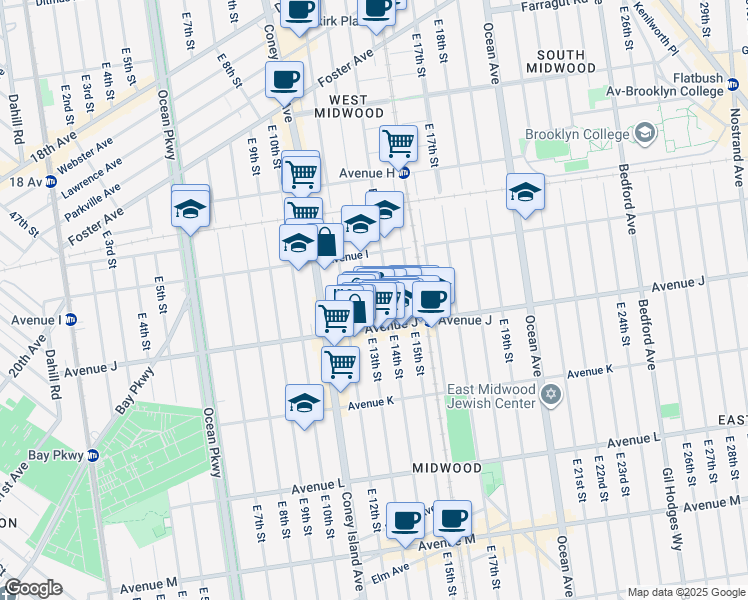 map of restaurants, bars, coffee shops, grocery stores, and more near 954 East 13th Street in Brooklyn