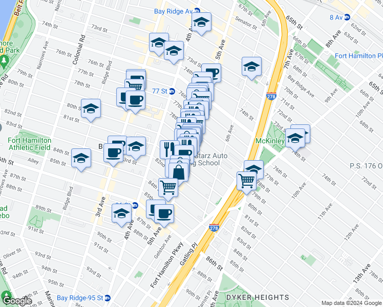 map of restaurants, bars, coffee shops, grocery stores, and more near 516 79th Street in Brooklyn