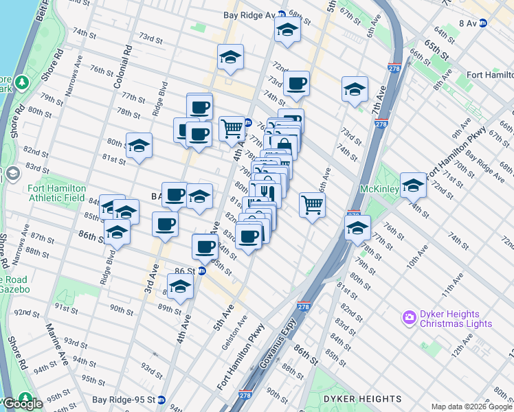 map of restaurants, bars, coffee shops, grocery stores, and more near 464 80th Street in Brooklyn