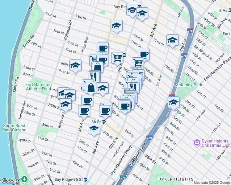 map of restaurants, bars, coffee shops, grocery stores, and more near 416 81st Street in Brooklyn