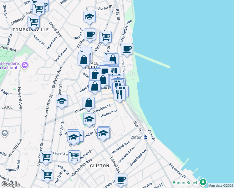 map of restaurants, bars, coffee shops, grocery stores, and more near 57 Thompson Street in Staten Island
