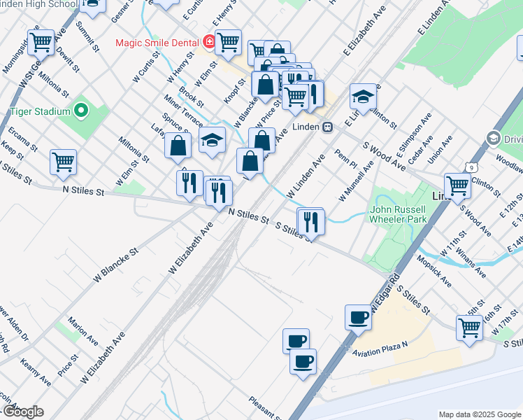 map of restaurants, bars, coffee shops, grocery stores, and more near 416 Lynn Court in Linden
