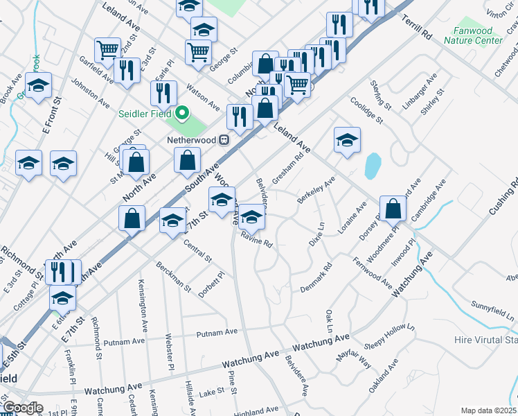 map of restaurants, bars, coffee shops, grocery stores, and more near 626-32 Belvidere Avenue in Plainfield