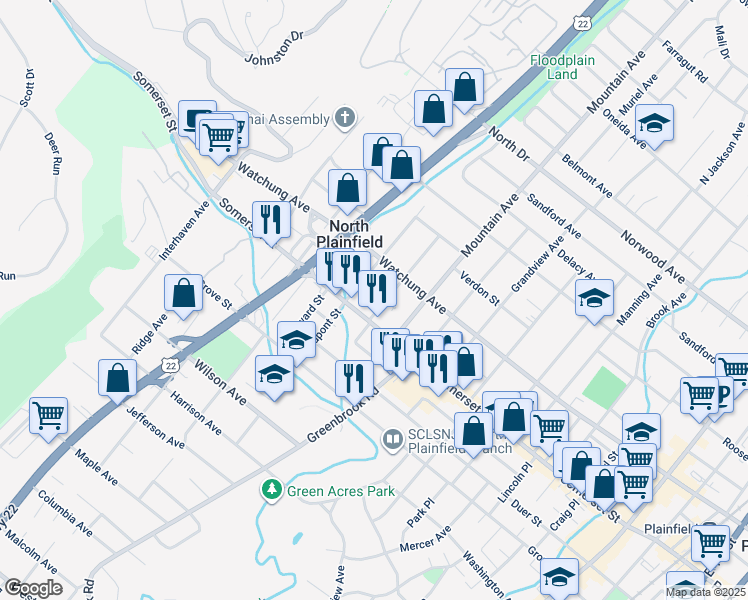 map of restaurants, bars, coffee shops, grocery stores, and more near 11 Regent Street in North Plainfield
