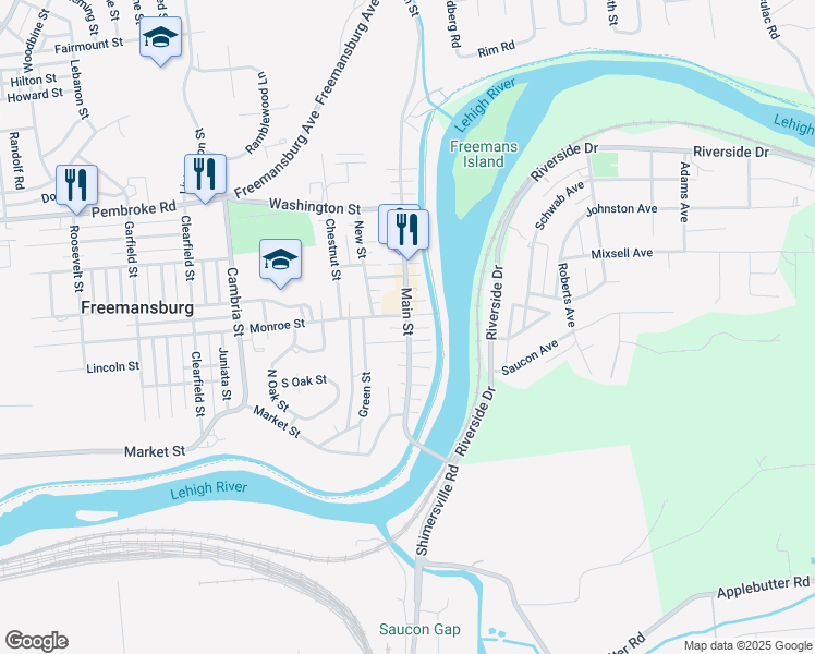 map of restaurants, bars, coffee shops, grocery stores, and more near 251 Main Street in Freemansburg