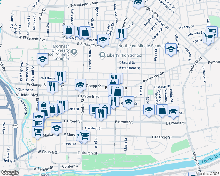 map of restaurants, bars, coffee shops, grocery stores, and more near 228 East Goepp Street in Bethlehem
