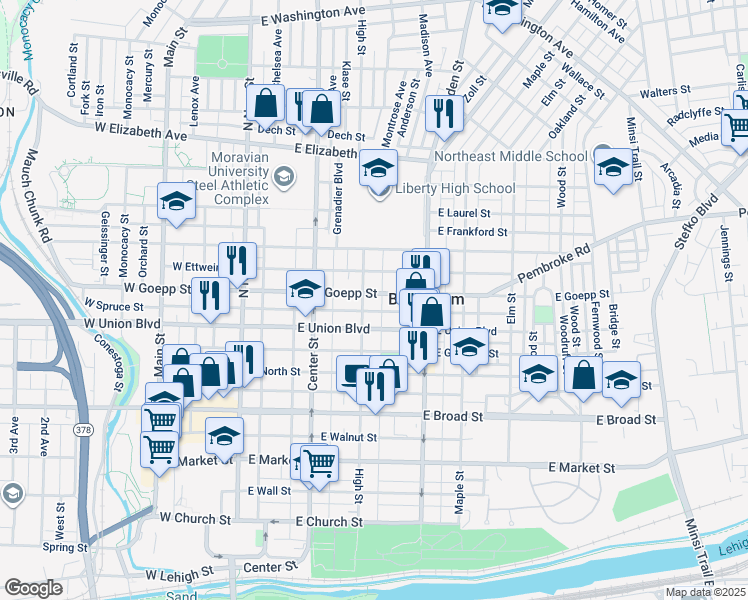 map of restaurants, bars, coffee shops, grocery stores, and more near 228 East Goepp Street in Bethlehem