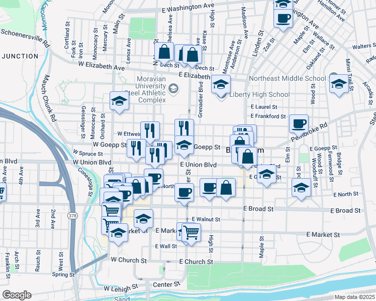map of restaurants, bars, coffee shops, grocery stores, and more near 840 Center Street in Bethlehem