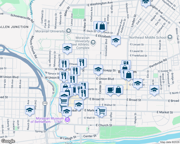 map of restaurants, bars, coffee shops, grocery stores, and more near 46 East Goepp Street in Bethlehem