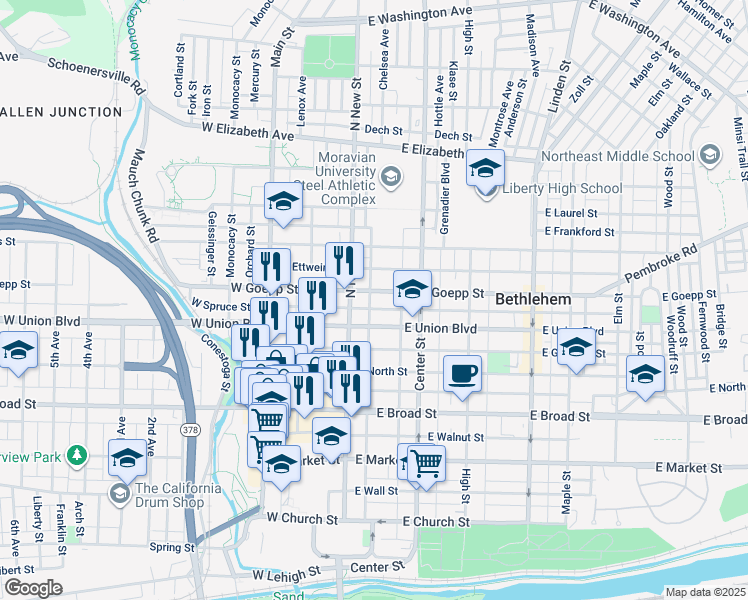 map of restaurants, bars, coffee shops, grocery stores, and more near 838 North New Street in Bethlehem