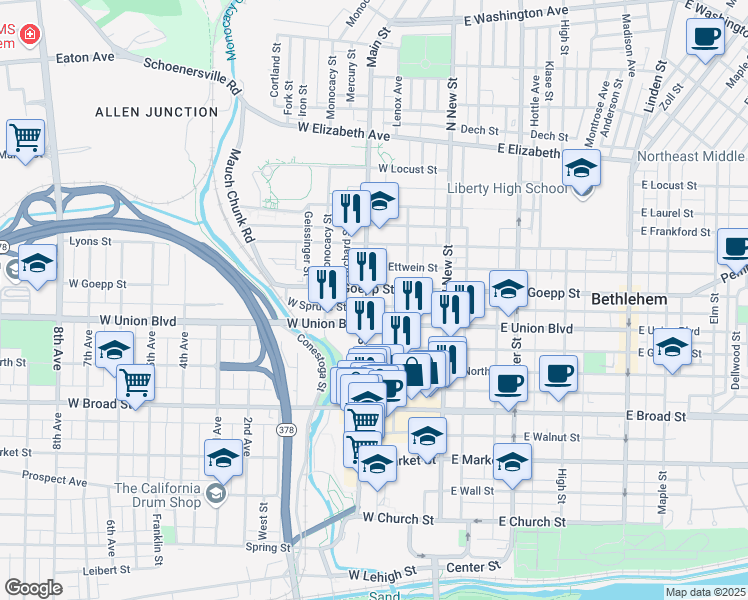 map of restaurants, bars, coffee shops, grocery stores, and more near 73 West Goepp Street in Bethlehem