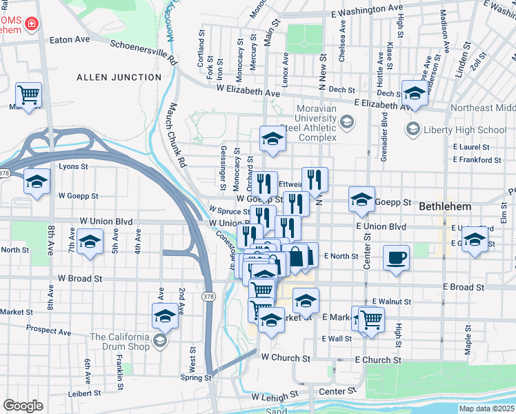 map of restaurants, bars, coffee shops, grocery stores, and more near 115 West Goepp Street in Bethlehem