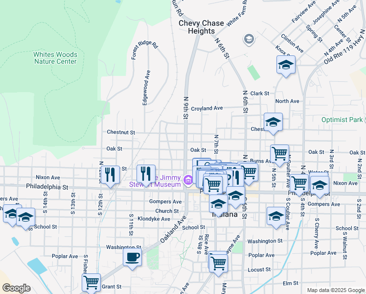 map of restaurants, bars, coffee shops, grocery stores, and more near 919 Oak Street in Indiana