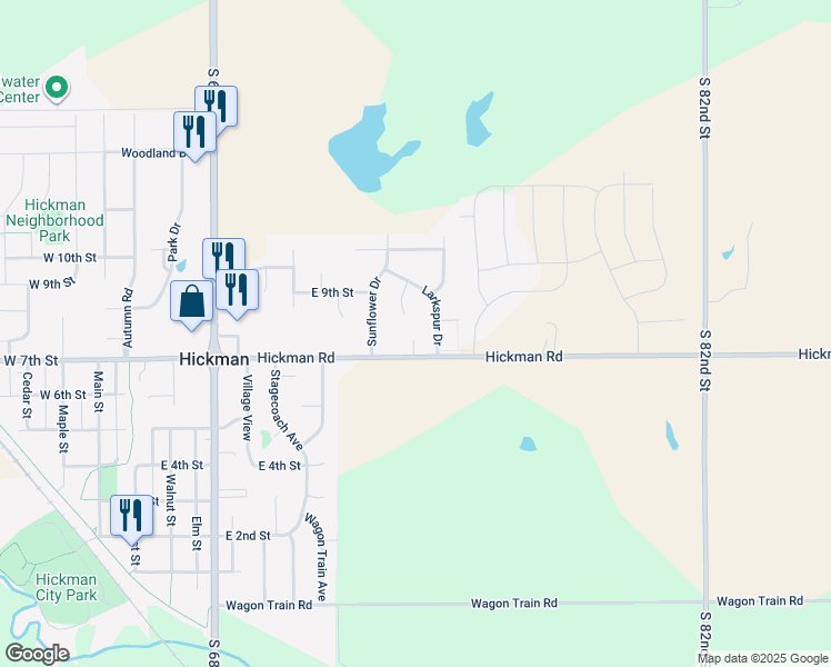 map of restaurants, bars, coffee shops, grocery stores, and more near 745 Larkspur Drive in Hickman