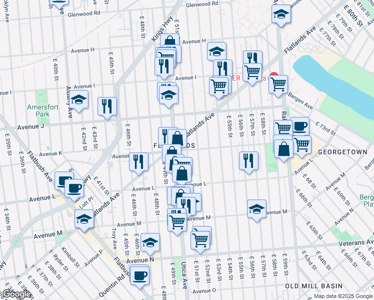 map of restaurants, bars, coffee shops, grocery stores, and more near East 51st Street in Brooklyn