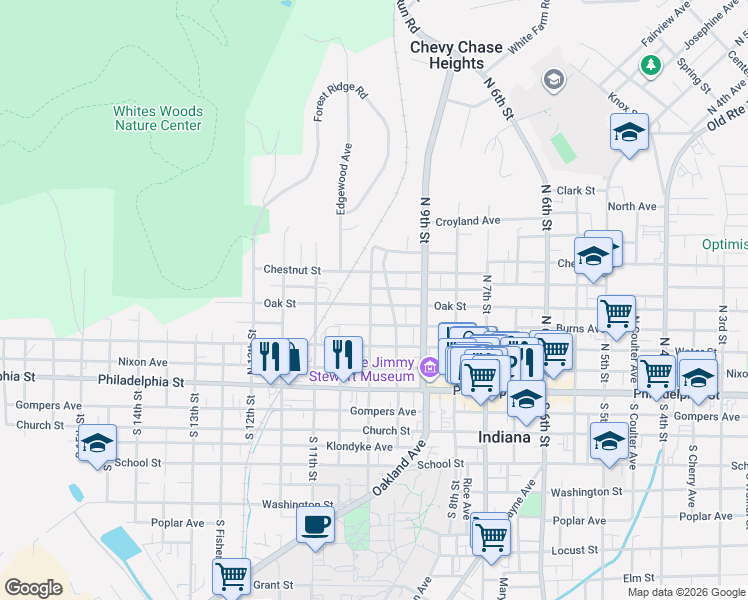map of restaurants, bars, coffee shops, grocery stores, and more near 977 Oak Street in Indiana