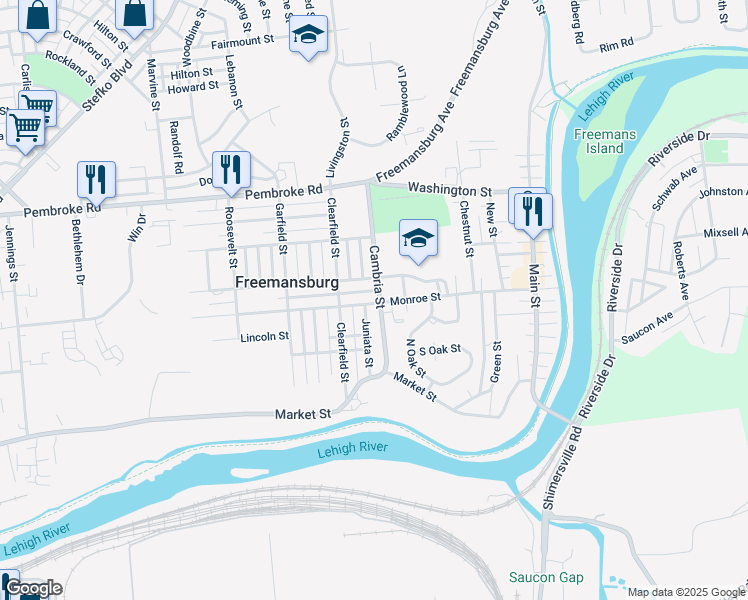 map of restaurants, bars, coffee shops, grocery stores, and more near 703 Monroe Street in Freemansburg