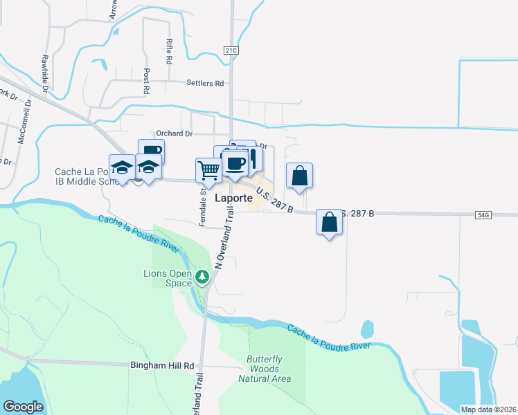 map of restaurants, bars, coffee shops, grocery stores, and more near 3201 West Co Road 52E in Laporte