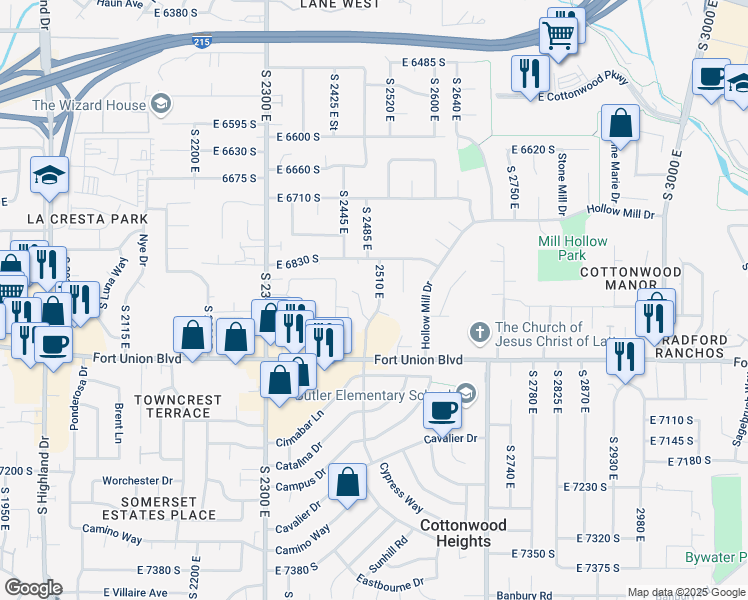 map of restaurants, bars, coffee shops, grocery stores, and more near in Cottonwood Heights