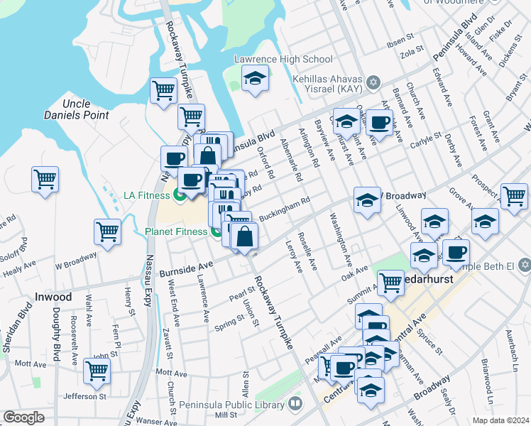map of restaurants, bars, coffee shops, grocery stores, and more near 352 Buckingham Road in Cedarhurst