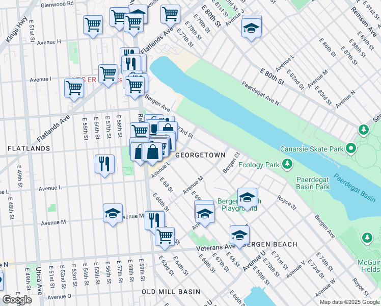 map of restaurants, bars, coffee shops, grocery stores, and more near 1214 East 72nd Street in Brooklyn