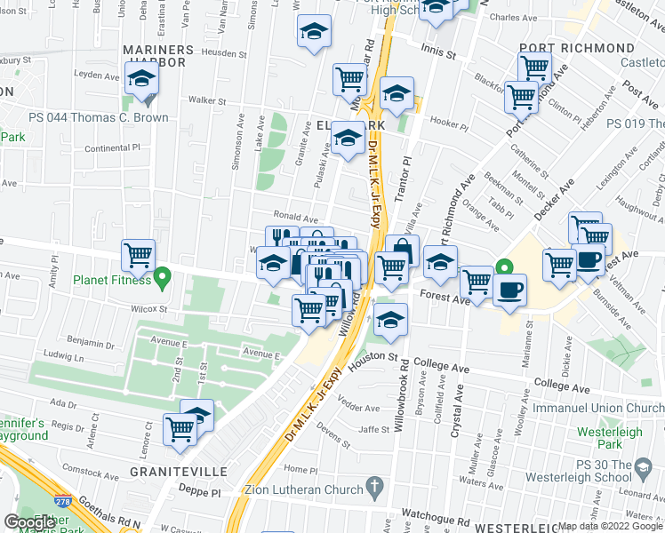 map of restaurants, bars, coffee shops, grocery stores, and more near 882 Richmond Avenue in Staten Island