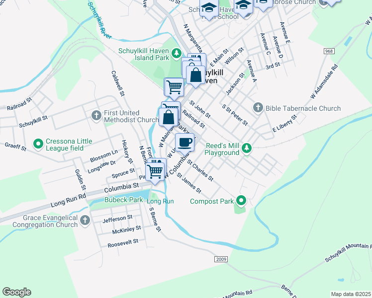 map of restaurants, bars, coffee shops, grocery stores, and more near 135 West Columbia Street in Schuylkill Haven