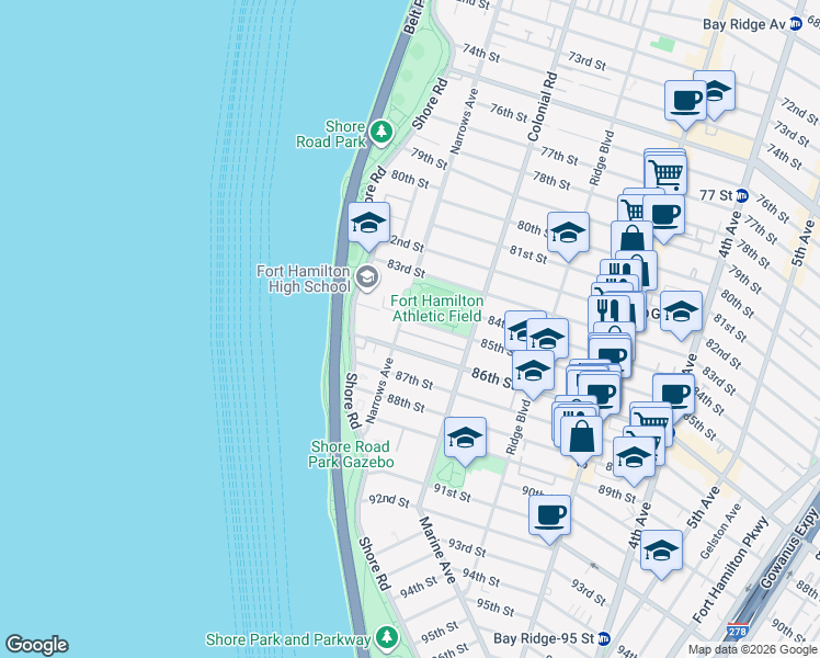 map of restaurants, bars, coffee shops, grocery stores, and more near 40 85th Street in Brooklyn