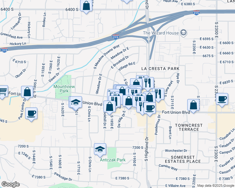 map of restaurants, bars, coffee shops, grocery stores, and more near 6896 Village Green Road in Cottonwood Heights
