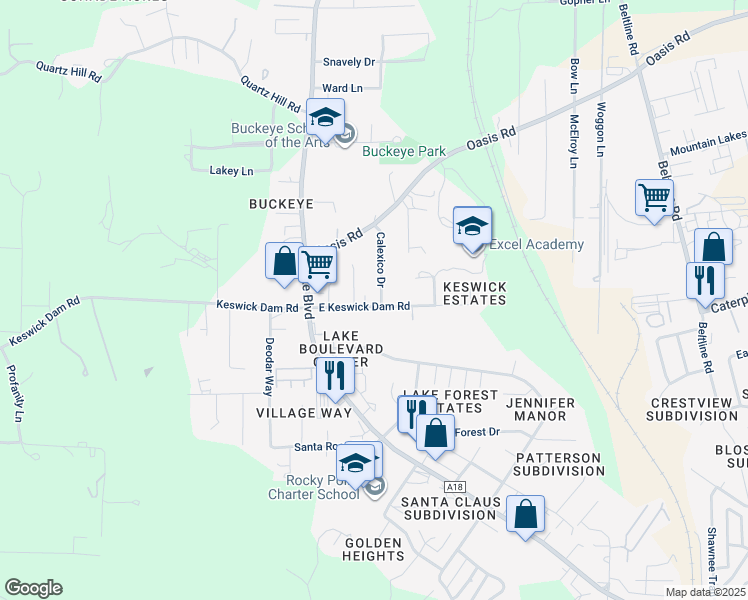 map of restaurants, bars, coffee shops, grocery stores, and more near 3490 East Keswick Dam Road in Redding