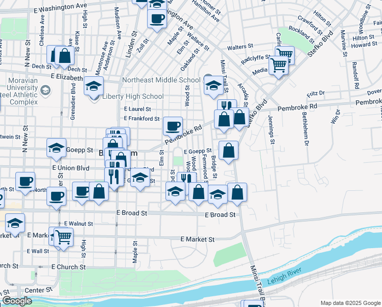 map of restaurants, bars, coffee shops, grocery stores, and more near 831 Wood Street in Bethlehem