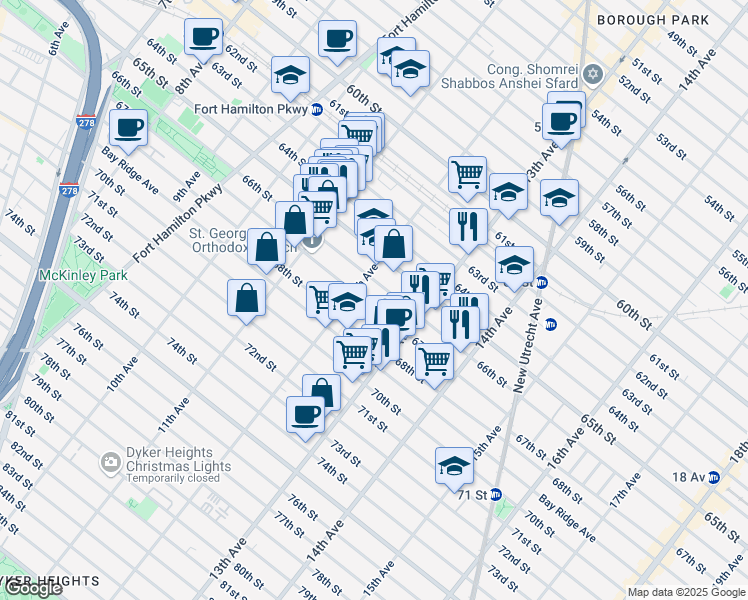 map of restaurants, bars, coffee shops, grocery stores, and more near 1225 67th Street in Brooklyn