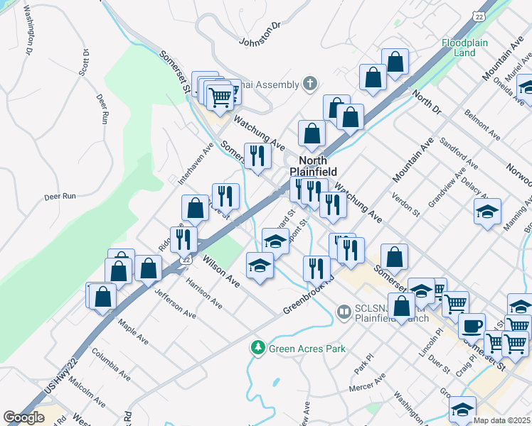 map of restaurants, bars, coffee shops, grocery stores, and more near 10 New Walnut Street in North Plainfield