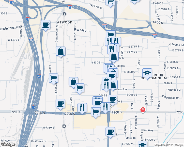 map of restaurants, bars, coffee shops, grocery stores, and more near 155 West Plumtree Lane in Midvale