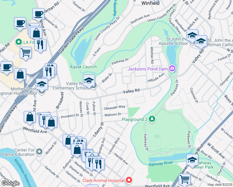 map of restaurants, bars, coffee shops, grocery stores, and more near 246 Valley Road in Clark