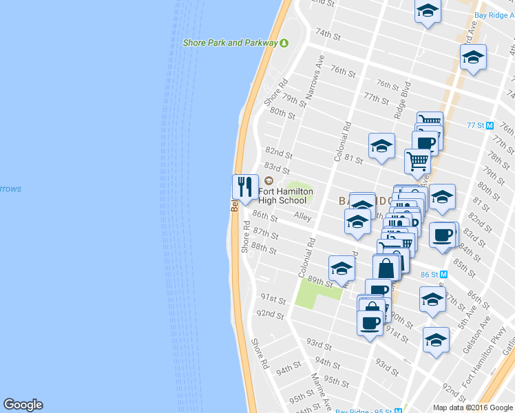 map of restaurants, bars, coffee shops, grocery stores, and more near 11 86th Street in Brooklyn