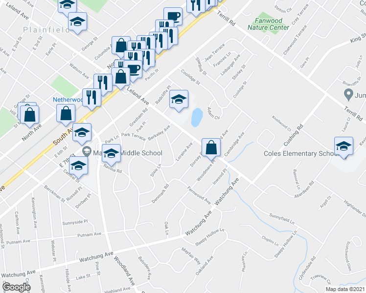 map of restaurants, bars, coffee shops, grocery stores, and more near 1169 Loraine Avenue in Plainfield