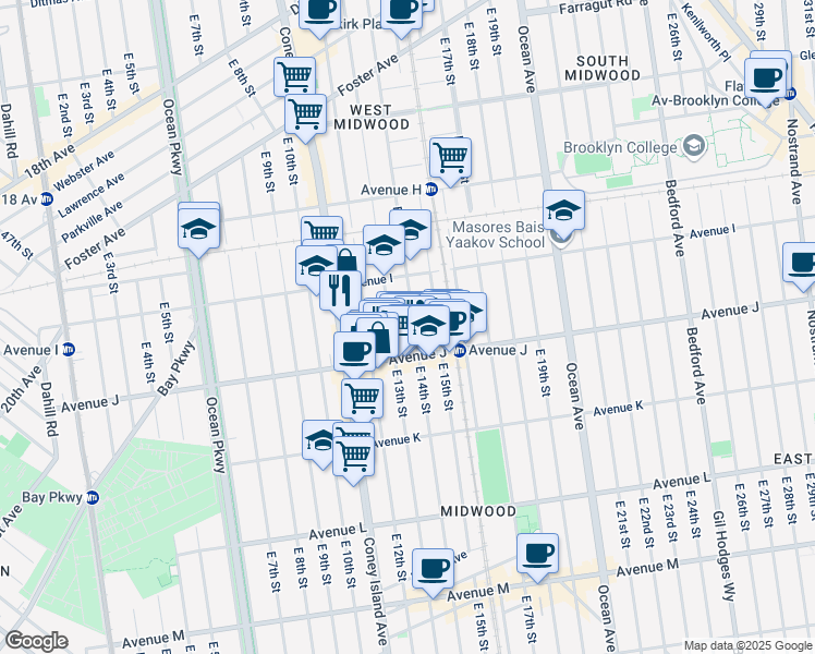 map of restaurants, bars, coffee shops, grocery stores, and more near 954 East 13th Street in Brooklyn