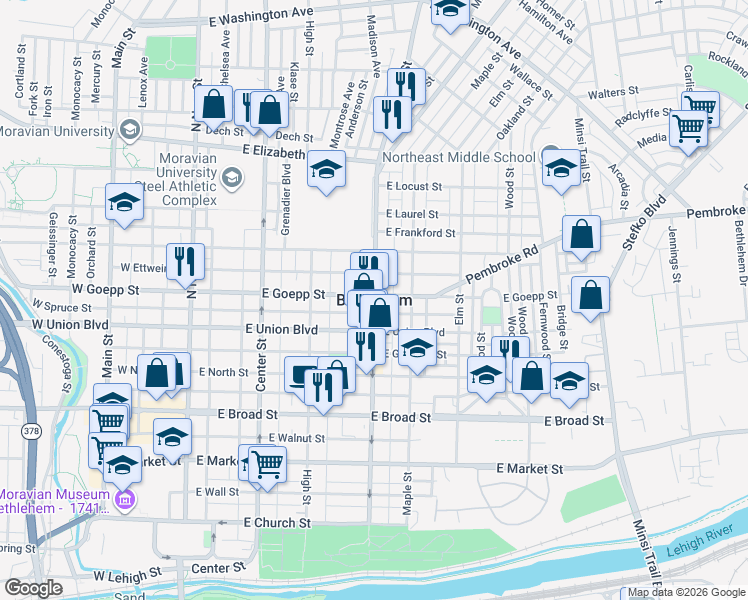 map of restaurants, bars, coffee shops, grocery stores, and more near in Bethlehem