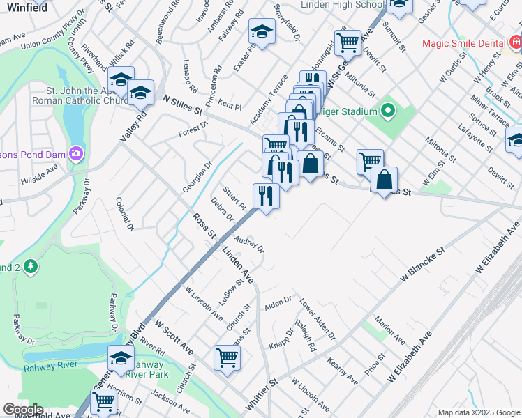 map of restaurants, bars, coffee shops, grocery stores, and more near 1203 West Saint Georges Avenue in Linden