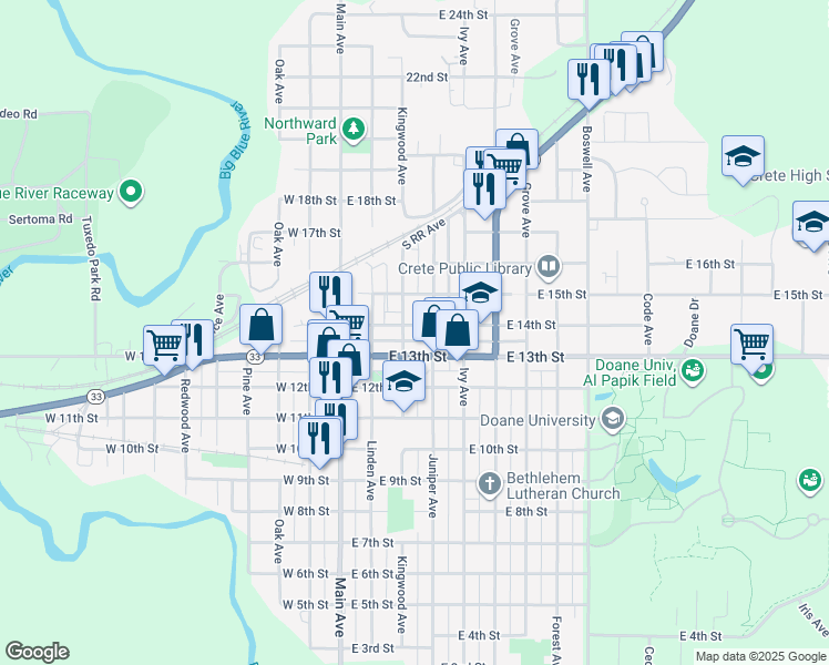 map of restaurants, bars, coffee shops, grocery stores, and more near 317 East 14th Street in Crete