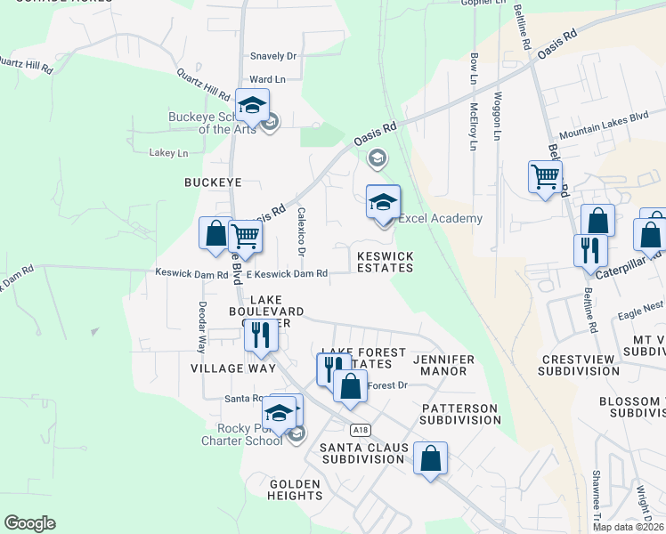 map of restaurants, bars, coffee shops, grocery stores, and more near 3586 East Keswick Dam Road in Redding