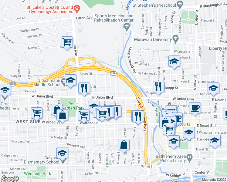 map of restaurants, bars, coffee shops, grocery stores, and more near 821 4th Avenue in Bethlehem